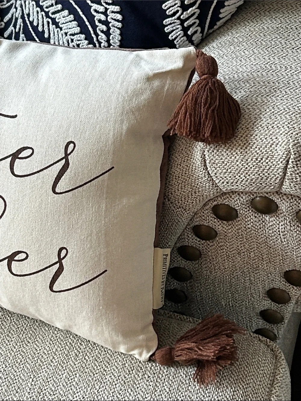 NEW! Fall Harvest Sweater Weather Cream Toss Pillow with Brown Script & Tassels